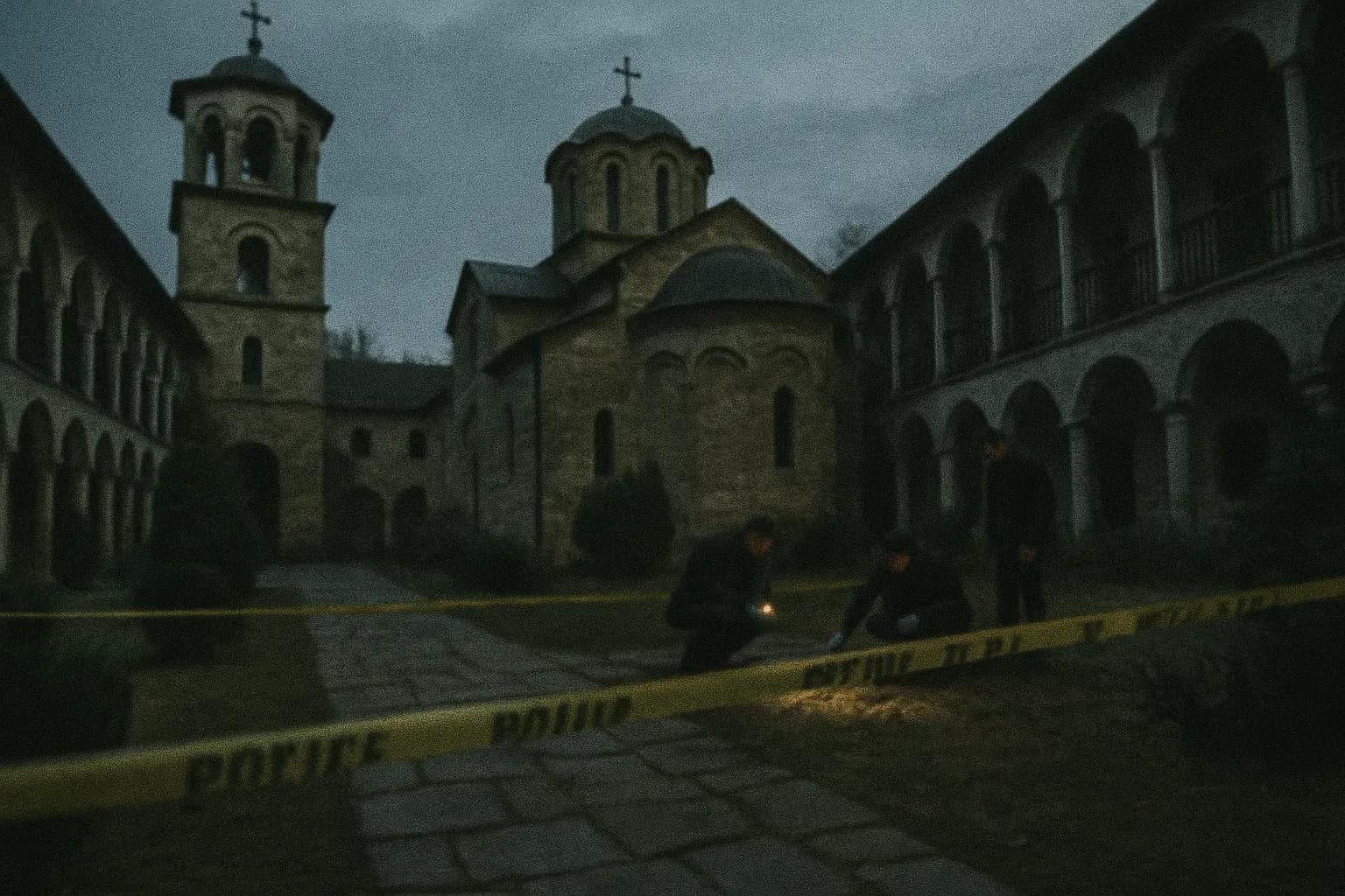 En dyster gårdhave ved Holy Trinity Kloster, med polititape, der afspærrer en sektion, mens efterforskere undersøger området, hvilket antyder årtier-lang misbrug og hemmeligheder skjult derinde.