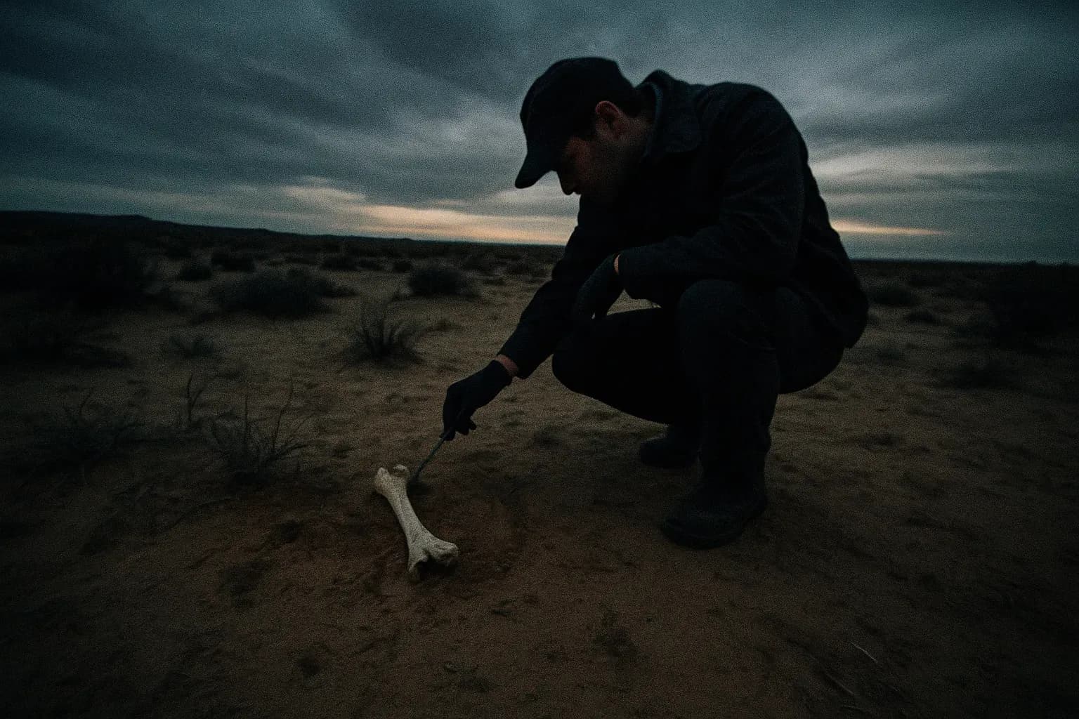 En øde ørkenlandskab i New Mexico med en ensom efterforsker knælende og undersøger et knoglefragment halvt begravet i sandet, hvilket symboliserer den uløste gåde om West Mesa Bone Collector.