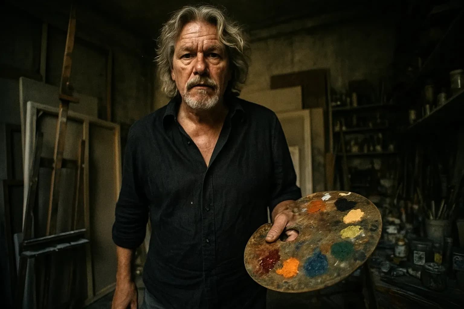 En skikkelse, der ligner Wolfgang Beltracchi, står inde i et rodet værksted, omgivet af kunstforsyninger og lærreder, med en palet af historiske pigmenter i hånden.