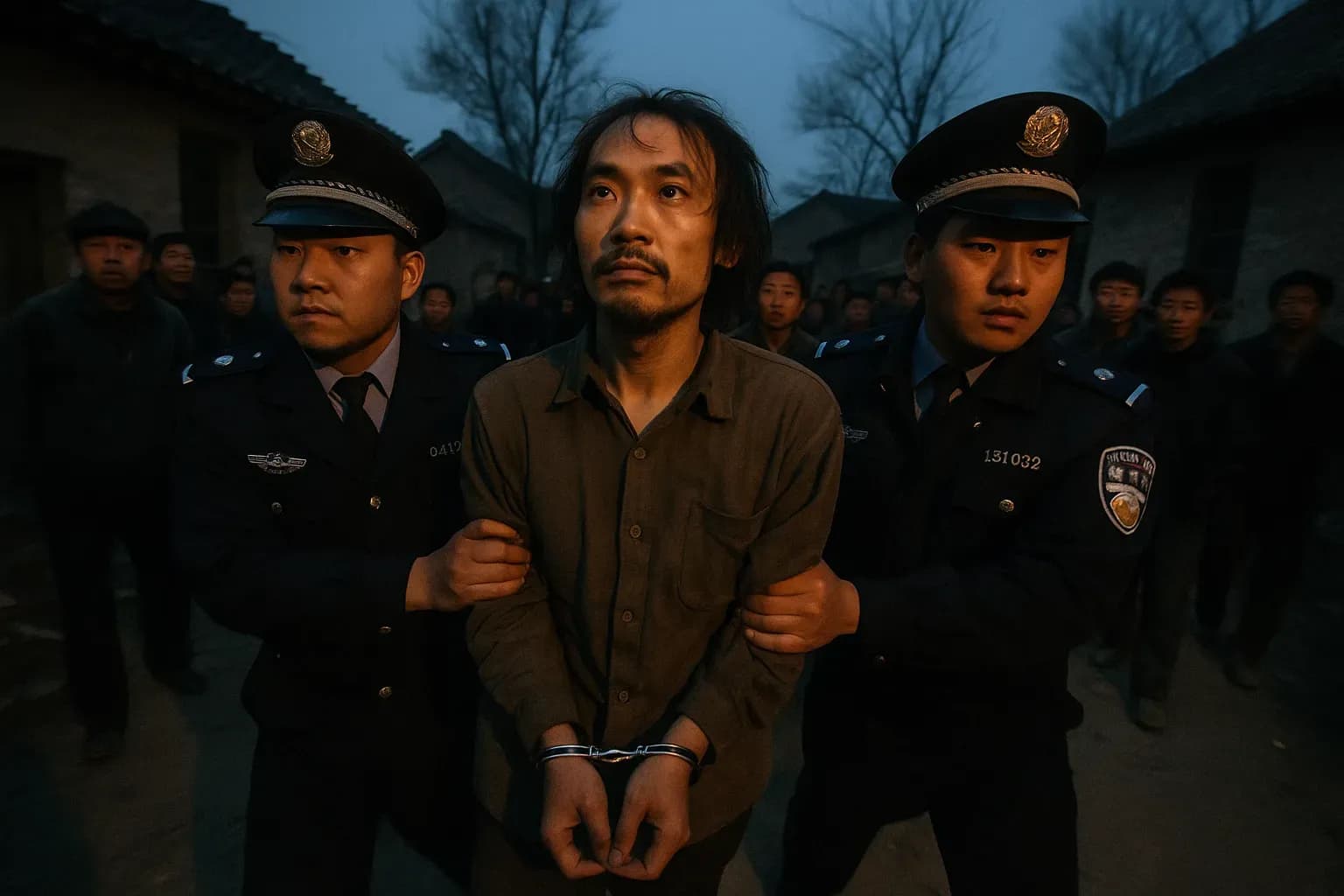 En figur, der ligner Yang Xinhai, eskorteres af politibetjente gennem en landlig kinesisk landsby, omgivet af tilskuere, hvilket fanger øjeblikket af hans tilfangetagelse i 2003.