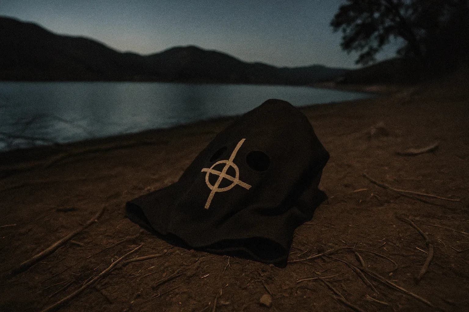 En bøddel-lignende hætte ligger smidt på jorden ved Lake Berryessa, nær hvor Zodiac-morderen angreb, en uhyggelig påmindelse om hans kryptiske og voldelige arv.
