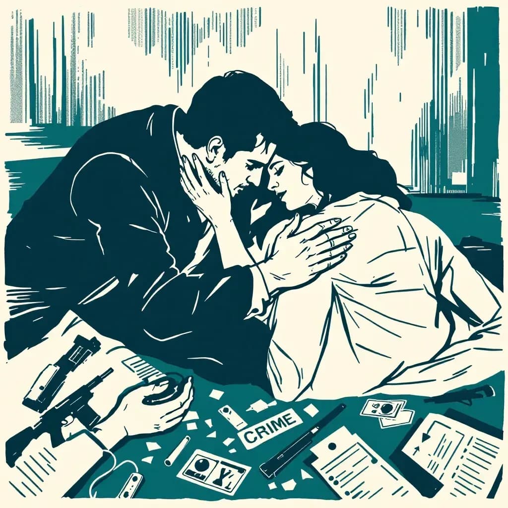 A crime scene depicting a couple committing homicide together, with weapons and evidence scattered around, symbolizing manipulation and shared culpability.
