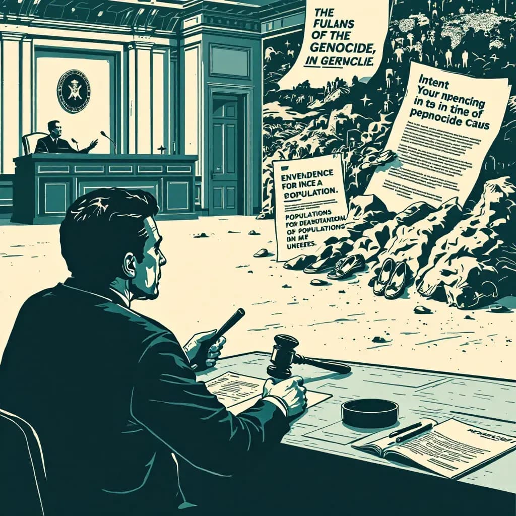 A courtroom with a judge and a gavel, evidence of mass graves and symbolically empty shoes, a map showing population movements, and legal documents highlighting intent and accountability in a genocide case.